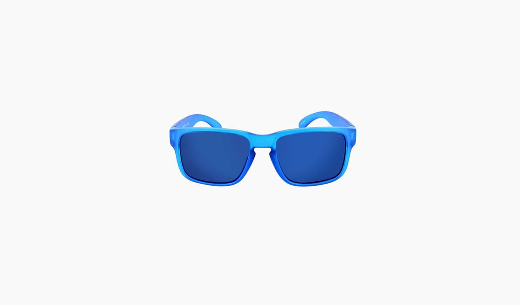 Optic Nerve Kids Wee Peet sunglasses with a blue frame, smoke lenses, and a blue mirror on a white background