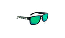 Optic Nerve Kids Wee Peet sunglasses with a black frame, smoke lenses, and a green mirror on a white background.