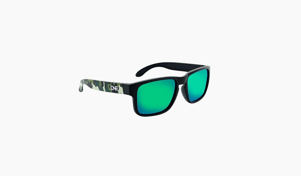 Optic Nerve Kids Wee Peet sunglasses with a black frame, smoke lenses, and a green mirror on a white background.