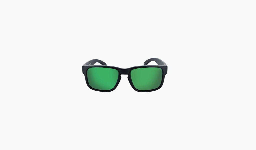 Optic Nerve Kids Wee Peet sunglasses with a black frame, smoke lenses, and a green mirror on a white background.