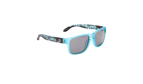 Optic Nerve Kids Wee Peet sunglasses with a black and blue frame and smoke lenses on a white background