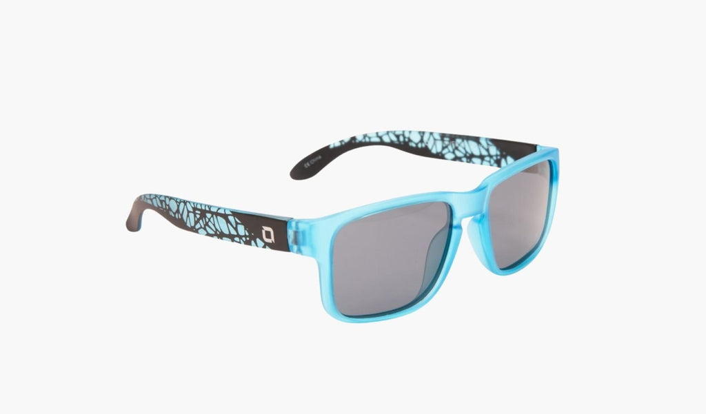 Optic Nerve Kids Wee Peet sunglasses with a black and blue frame and smoke lenses on a white background