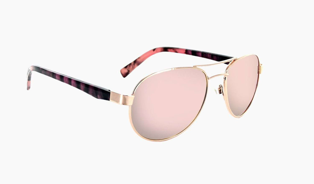 Optic Nerve Lacuna sunglasses with a gold frame, smoke lenses, and a pink mirror on a white background.