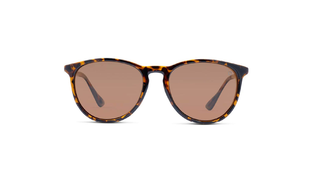 Optic Nerve Pizmo sunglasses with a tortoise frame and brown lenses on a white background