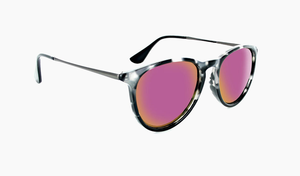 Optic Nerve Pizmo sunglasses with a tortoise frame, brown lenses, and a purple mirror on a white background