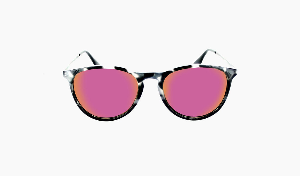 Optic Nerve Pizmo sunglasses with a tortoise frame, brown lenses, and a purple mirror on a white background