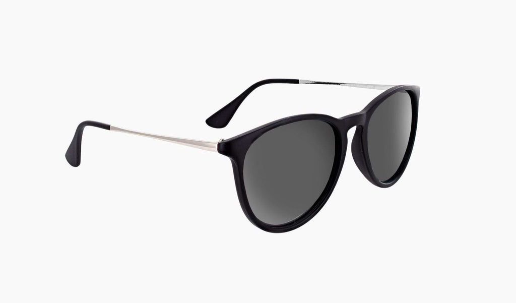 Optic Nerve Pizmo sunglasses with a black frame and smoke lenses on a white background