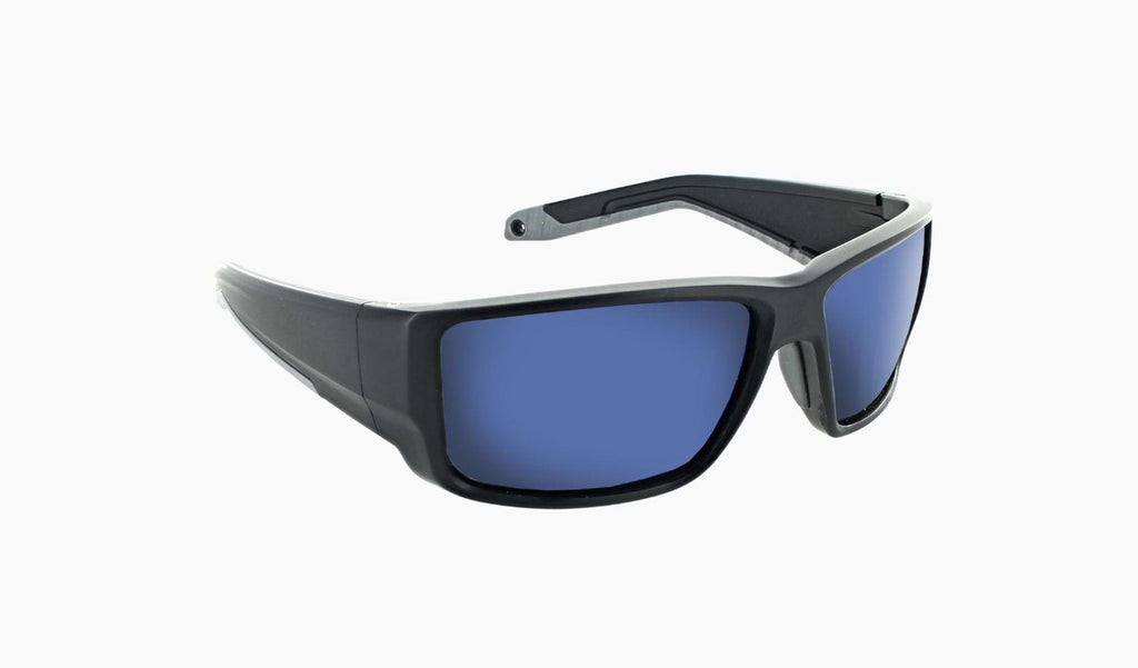 Optic Nerve Rampart sunglasses with a black frame, smoke lenses, and a blue mirror on a white background.