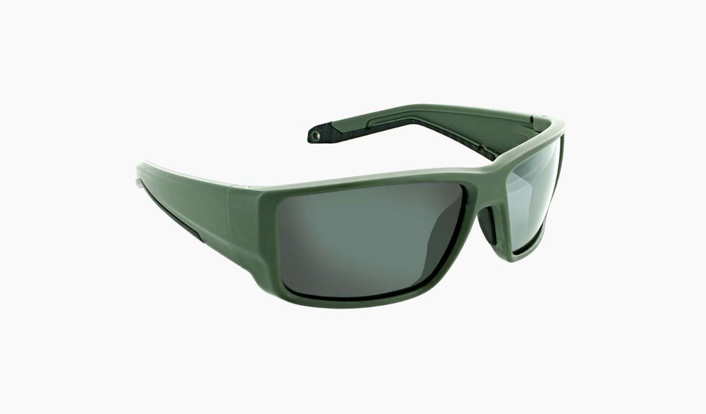 Optic Nerve Rampart sunglasses with a green frame, brown lenses, and a silver mirror on a white background