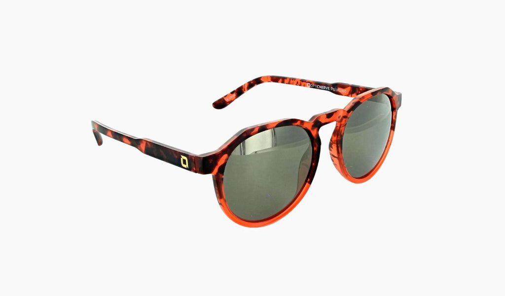 Optic Nerve RiNO sunglasses with a tortoise frame, smoke lens, and a gold mirror on a white background.