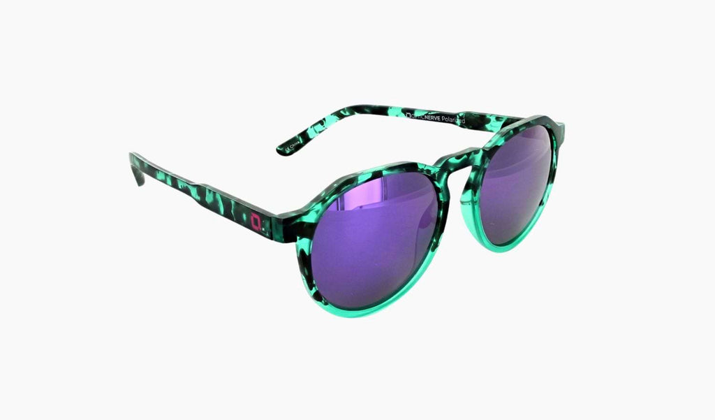 Optic Nerve RiNO sunglasses with a blue tortoise frame, smoke lenses, and a purple mirror on a white background.