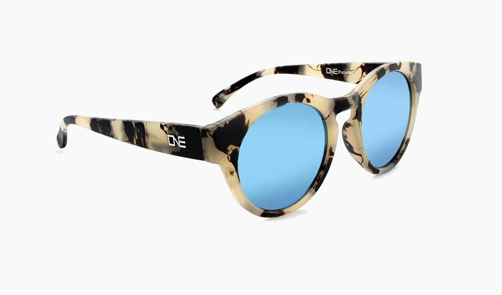 Optic Nerve Rizzo sunglasses with a tortoise frame, smoke lenses, and a blue mirror, on a white background.