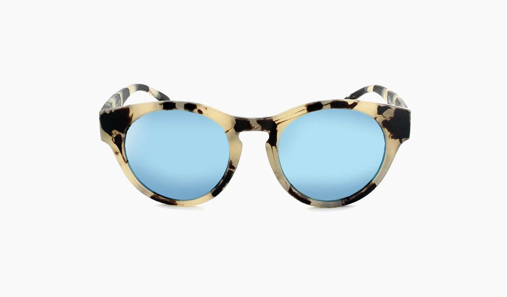 Optic Nerve Rizzo sunglasses with a tortoise frame, smoke lenses, and a blue mirror on a white background
