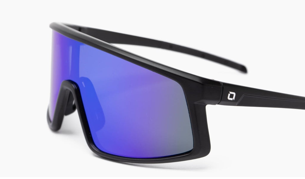 Optic Nerve Stone Cat sunglasses with a black frame, brown lenses, and a blue mirror on a white background