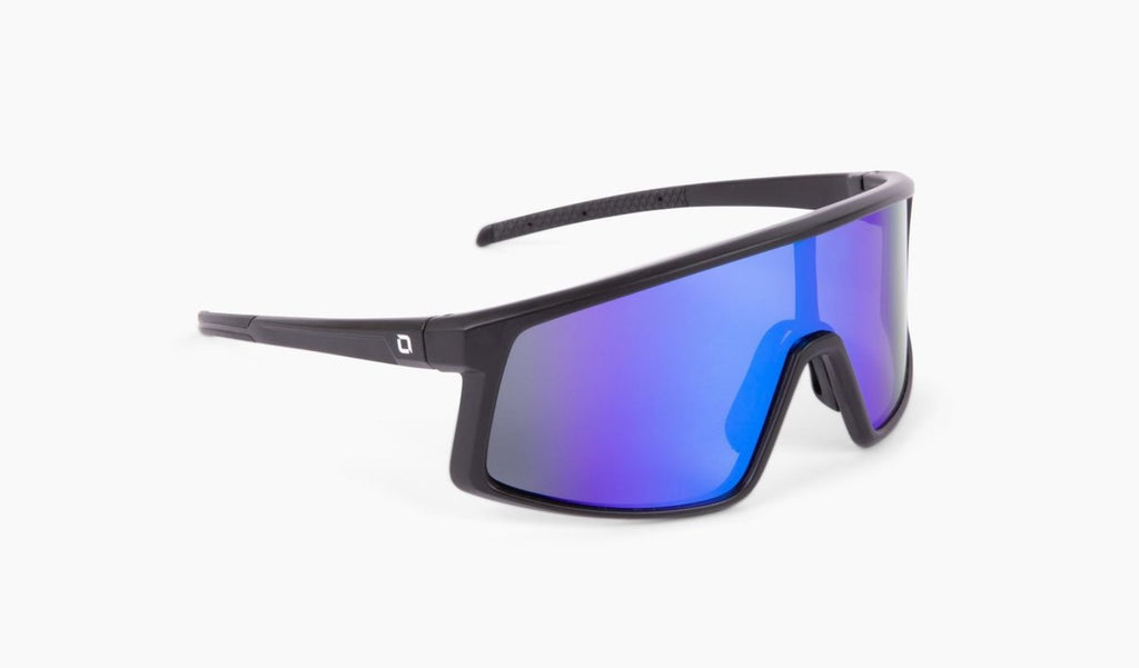 Optic Nerve Stone Cat sunglasses with a black frame, brown lens, and a blue mirror on a white background