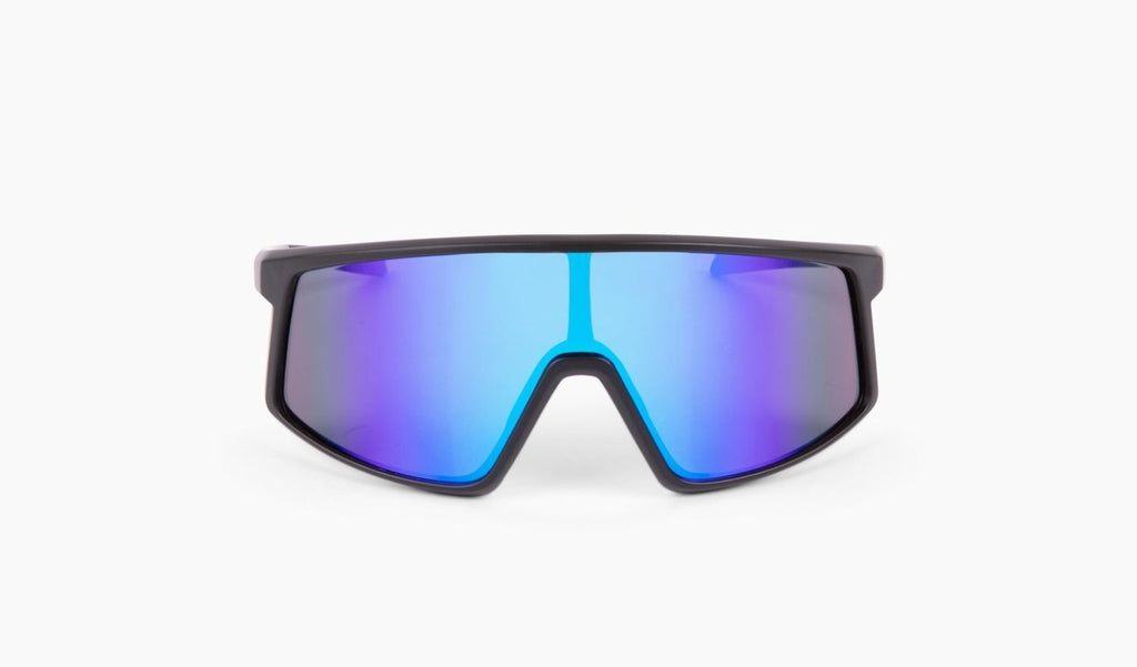 Optic Nerve Stone Cat sunglasses with a black frame, brown lens, and a blue mirror on a white background