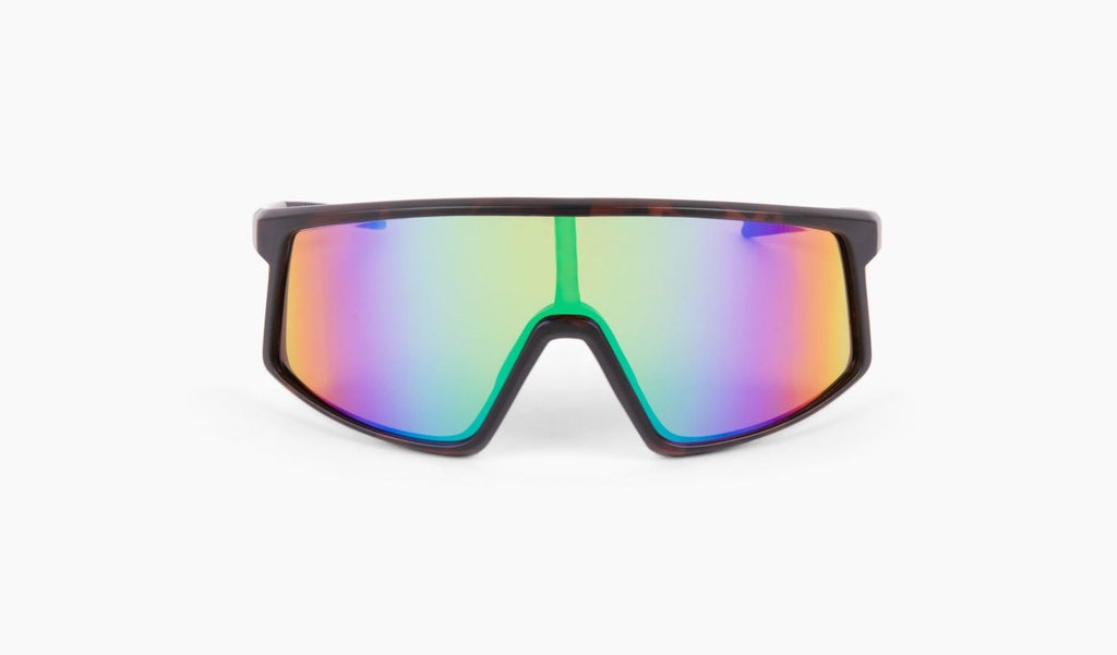 Optic Nerve Stone Cat sunglasses with a tortoise frame, brown lens, and a green mirror on a white background