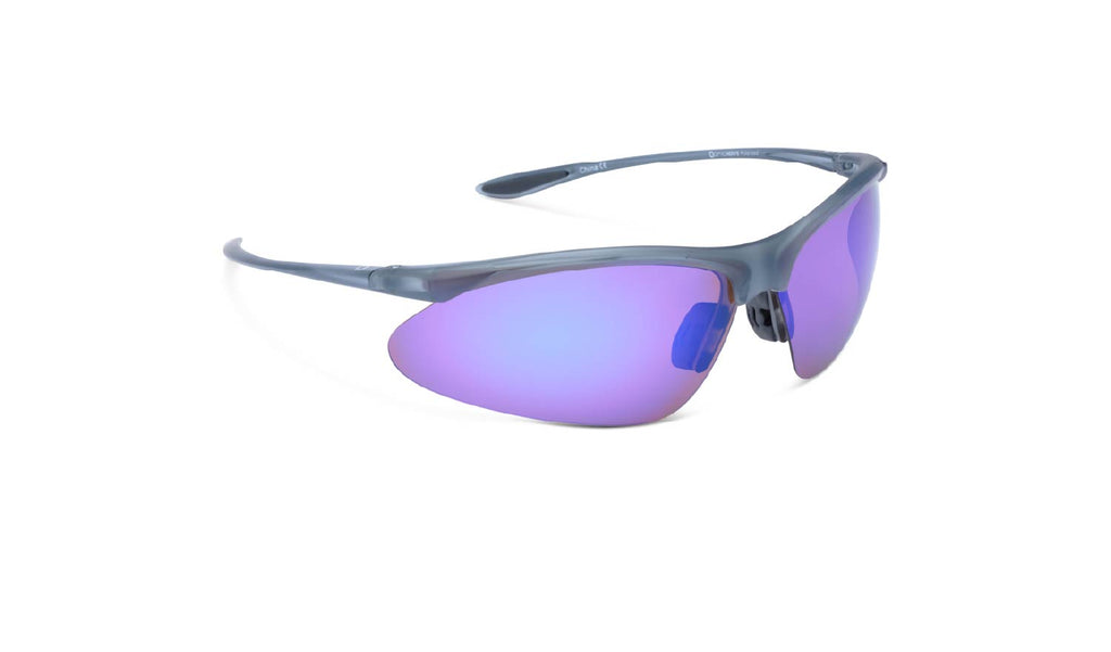 Optic Nerve Tightrope sunglasses with a gray frame, brown lenses, and a blue mirror on a white background