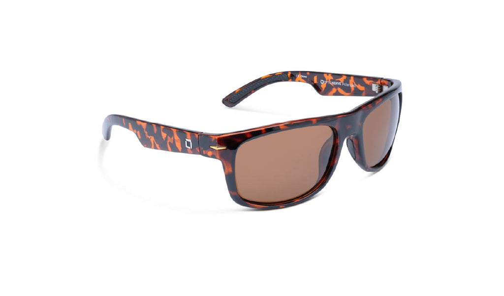 Optic Nerve Timberline sunglasses with a tortoise frame and brown lenses on a white background.