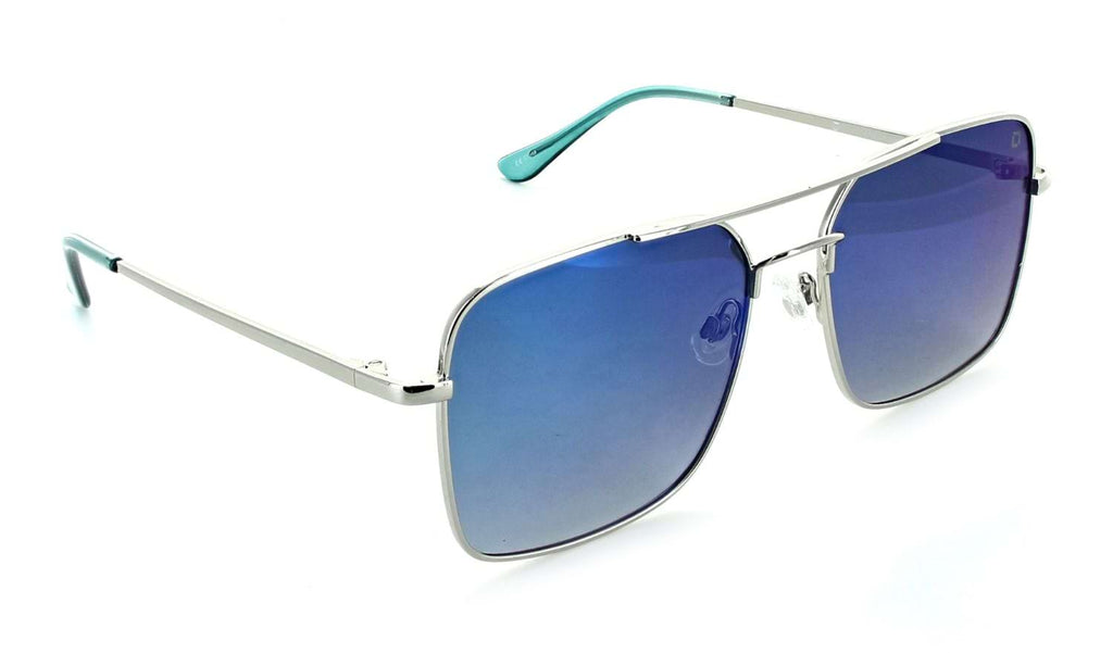 Optic Nerve Tuner sunglasses with a silver frame, smoke lenses, and a blue mirror on a white background.